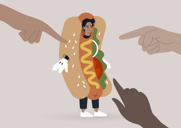 ein junger männlicher charakter wird wegen seiner unterbezahlten arbeit als hot dog promoter gemobbt - wearing hot dog costume stock-grafiken, -clipart, -cartoons und -symbole
