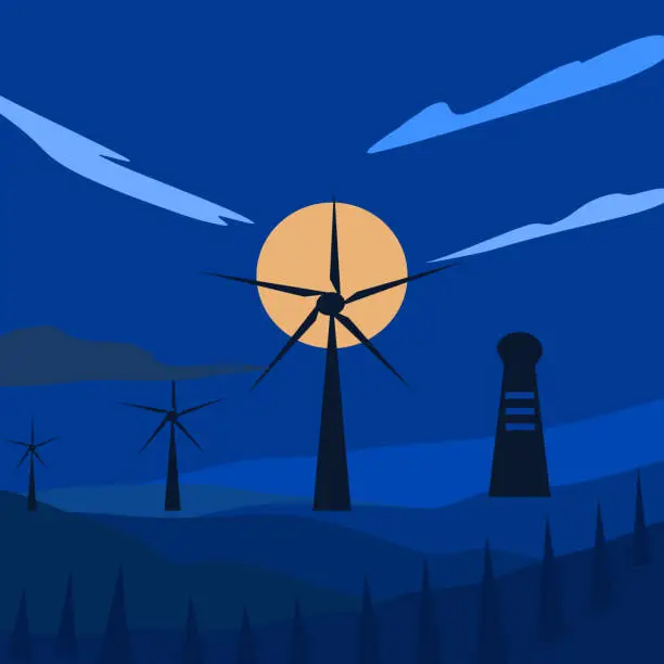 Vector illustration of Night outdoor landscape abstract background wallpaper windmill ecology alternative technology electricity vector and illustration
