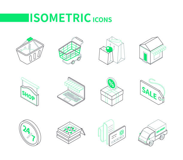 ilustrações de stock, clip art, desenhos animados e ícones de online shopping and delivery - modern line isometric icons - laptop retail e commerce store