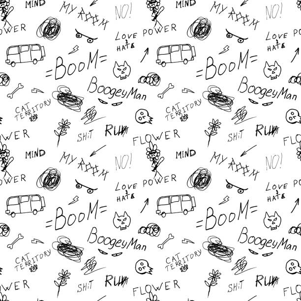Vector seamless modern pattern with text, pen lettering, doodle, crooked handwriting, rock star words on white background. Vector seamless modern pattern with text, pen lettering, doodle, crooked handwriting, rock star words on white background. Abstract fashion pattern print pattern in hand drawing style for boys. handwriting font not script stock illustrations