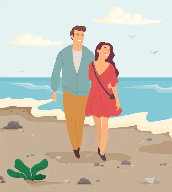 Vector illustration of Young couple in relationship hug and stare at sea. Cartoon characters are resting near ocean bank