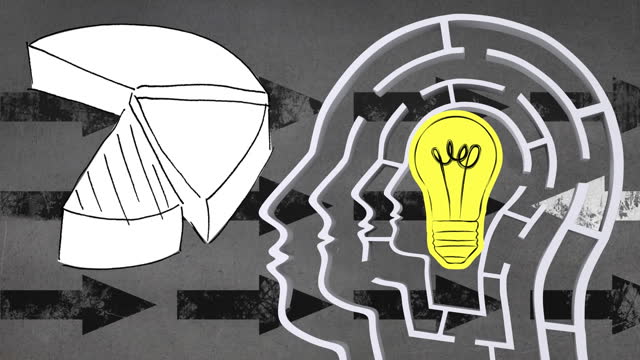 Animation of light bulb icon over human brain and statistics