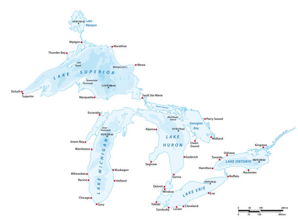 미국, 캐나다 그레이트 레이크의 벡터 맵 - great lakes stock illustrations