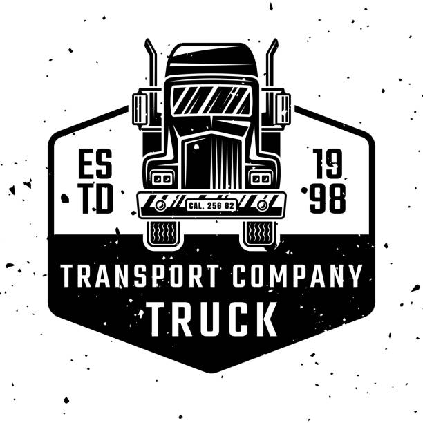 ilustrações de stock, clip art, desenhos animados e ícones de cargo transport company vector monochrome emblem, badge, label or logo with truck isolated on white background with removable textures - trucking