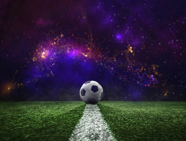 テクスチャとして星を持つ空を持つ魔法のテクスチャサッカーゲームフィールド - 創造的なサッカーのコンセプト - ポジション センター ストックフォトと画像