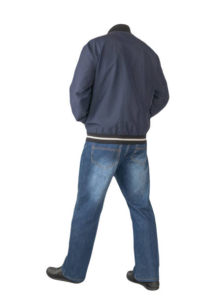 istock dark blue jeans, black leather shoes, jacket isolated on white background. 1321161347