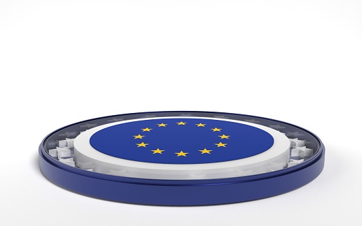 European Union flag on round stand against white background. 3D horizontal composition with copy space. Easy to crop for all your social media and print size.