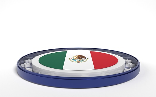 Mexican flag on round stand against white background. 3D horizontal composition with copy space. Easy to crop for all your social media and print size.