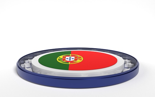 Portuguese flag on round stand against white background. 3D horizontal composition with copy space. Easy to crop for all your social media and print size.