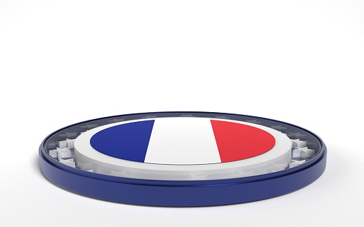 French flag on round stand against white background. 3D horizontal composition with copy space. Easy to crop for all your social media and print size.