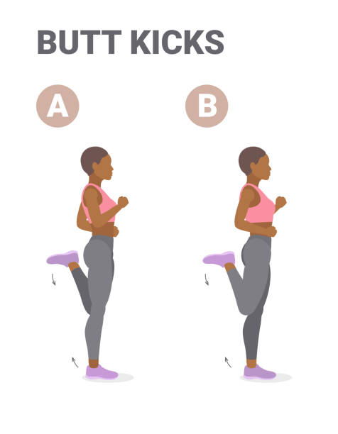 illustrations, cliparts, dessins animés et icônes de athlétique afro-américaine fille faire mais kickcs ou bum kicks home workout exercice guidance - kicking