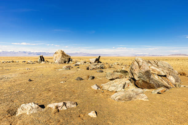 istock Tarkhatinsky megalithic complex consists of stone blocks. Archaeological monument in Chui steppe, Altai Republic, Russia 1321167357