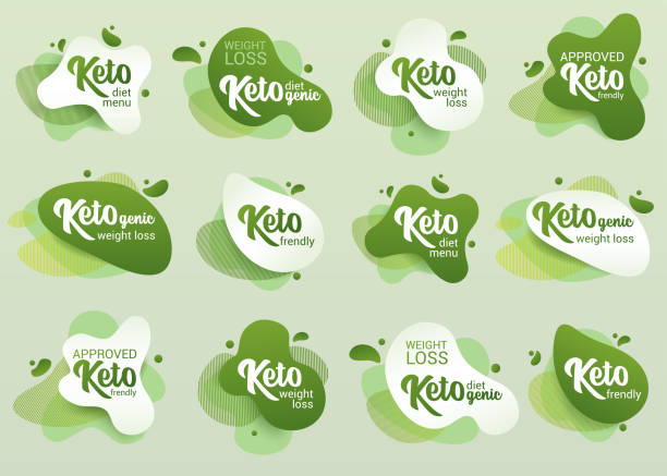 Keto frendly badge set. Green amoeba design of sticker for keto diet menu, poster, flyer Keto frendly badge set. Green amoeba design of sticker for keto diet menu, poster, flyer atkins diet stock illustrations