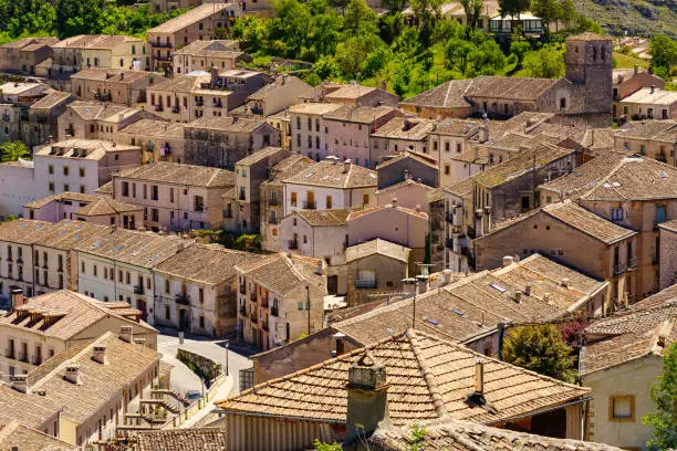 Aerial view of a medieval town with its old tiled roofs and narrow streets. Sepulveda Castilla.