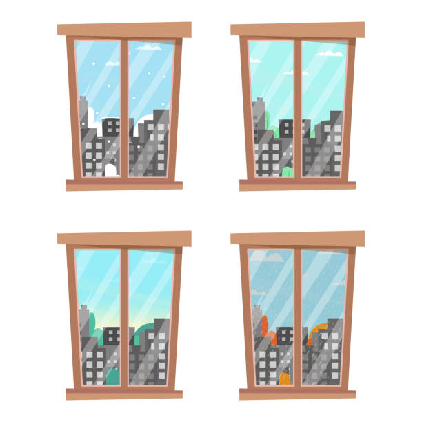 ilustraciones, imágenes clip art, dibujos animados e iconos de stock de ventanas con estaciones. paisaje de la ciudad en diferentes épocas del año. otoño, invierno, primavera, verano desde una sola ventana. ilustración vectorial. estilo de dibujos animados planos - weather cloud window rain