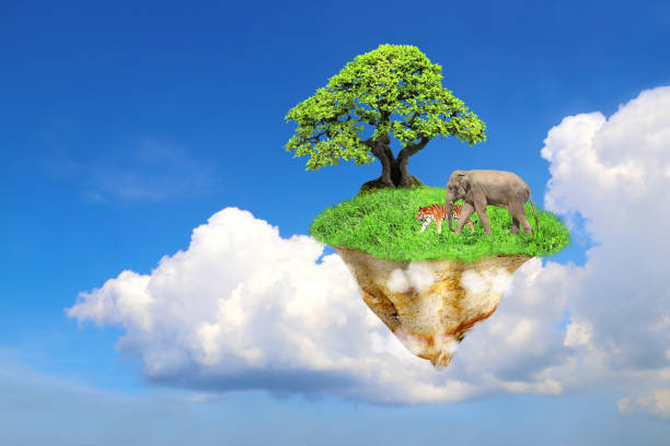 istock Fantasy floating island with green grass, tree, wild animals 1321173665