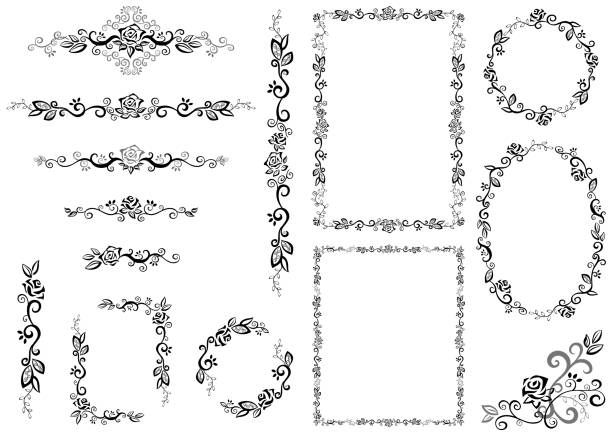 Decorative frames and ornaments set. Various ornaments including square and rounded frames, corners of frames, vertical and horizontal designs. tattoo borders stock illustrations