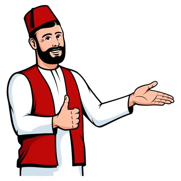 Vector illustration of Positive Turkish man in fez welcome gesture