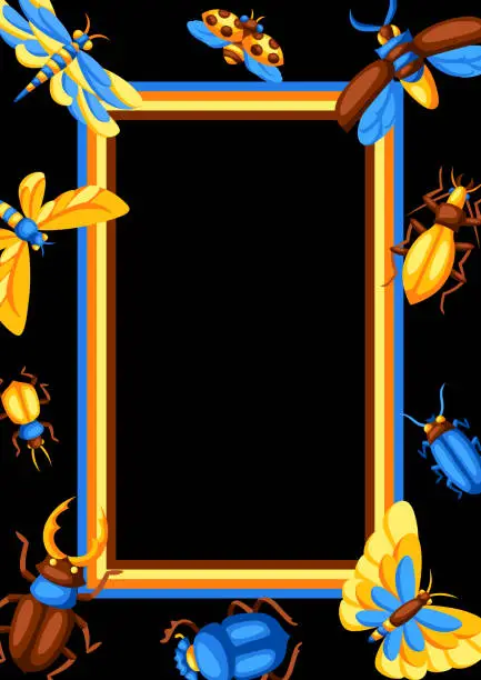 Vector illustration of Frame with insects. Stylized butterflies, beetles and dragonflies.
