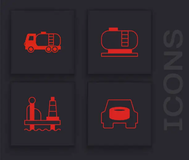 Vector illustration of Set Spare wheel in the car, Tanker truck, Oil tank storage and platform sea icon. Vector