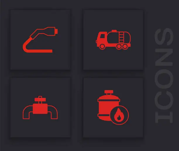 Vector illustration of Set Propane gas tank, Electrical cable plug charging, Tanker truck and Metallic pipes and valve icon. Vector
