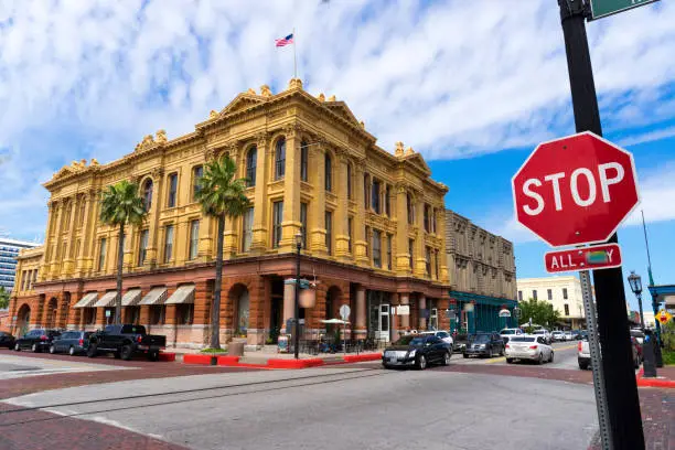Galveston city downtown old historic buildings, texas, usa
