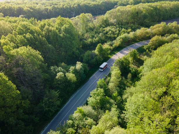 istock white bus on Road in beautiful summer forest aerial. 1321184338
