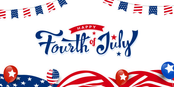 happy 4th of july, usa independence day trendy custom hand-lettering, typography design with ribbon on usa waving flag, balloon promotion advertising banner template for brochures, poster banner. vector illustration - 4th of july 幅插畫檔、美工圖案、卡通及圖標