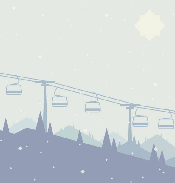 An illustration showing a ski lift on a snowy day at winter resort at mountains, with pine trees in the background and snow falling. Stylized flat design illustration.