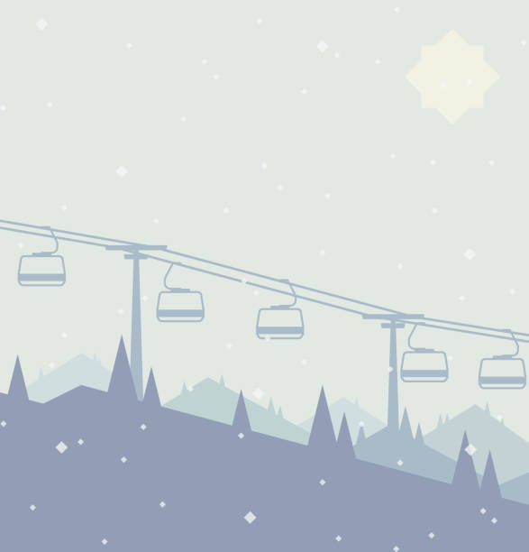 Mountain resort, ski lift flat vector illustration. Pine trees with mountains, slopes and snow. An illustration showing a ski lift on a snowy day at winter resort at mountains, with pine trees in the background and snow falling. Stylized flat design illustration. snow skiing stock illustrations