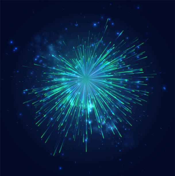 green and blue fireworks in the night sky, festive vector set of sparks and moods vector art illustration
