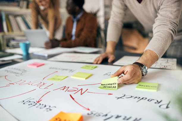 istock Close-up of businessman creating mind map on paperboard while working on new project in the office. 1321190294