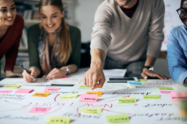 istock Close-up of creative business team analyzing ideas on mind map during new project in the office. 1321190423