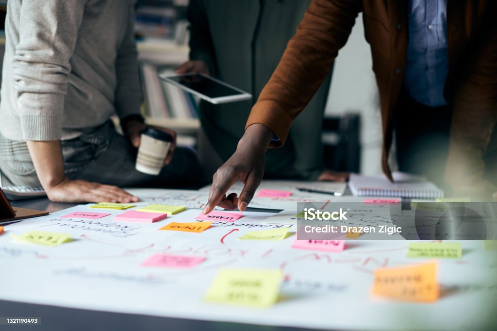 Close-up of business team brainstorming while working on mind map in the office. Close-up of creative people working on new business project and analyzing mind map on paperboard. Mind Map Stock Photo