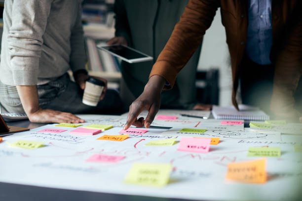 Close-up of business team brainstorming while working on mind map in the office. Close-up of creative people working on new business project and analyzing mind map on paperboard. mind map stock pictures, royalty-free photos & images