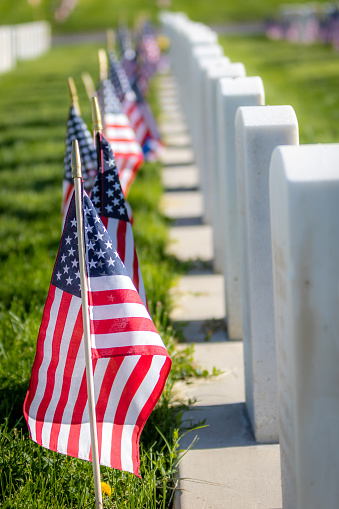 Military headstones honoring armed forces servicemen decorated with American flags for Memorial Day