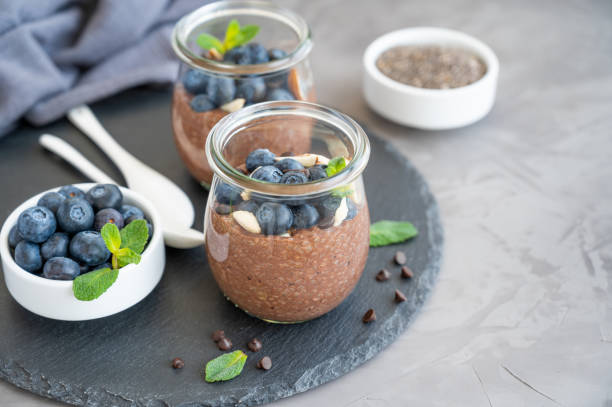 istock Chocolate chia pudding with blueberry, almonds and mint on top in a glass jar on a gray concrete background. Healthy food. Copy space. 1321197039