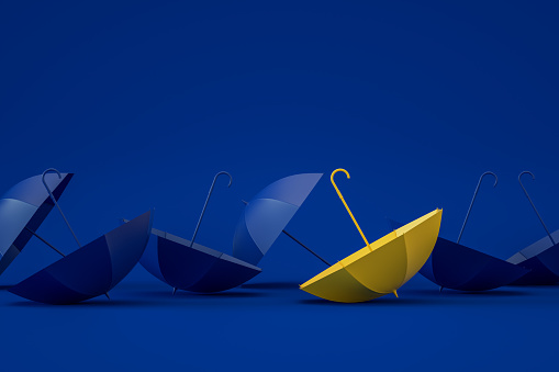 3D Rendering Umbrella Standing out from the Crowd, Leadership Concept.