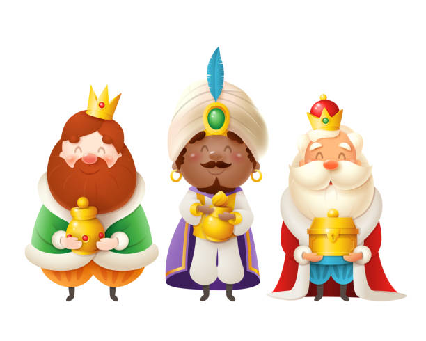 ilustrações de stock, clip art, desenhos animados e ícones de cute three wise men with gifts celebrate epiphany - three kings gaspar, melchior and balthazar vector illustration isolated on white - christmas gift christianity isolated objects