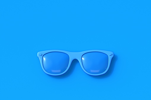 Blue sunglasses 3D render illustration isolated on blue background