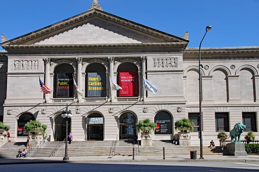 Facade of Boston Public Library during summer day