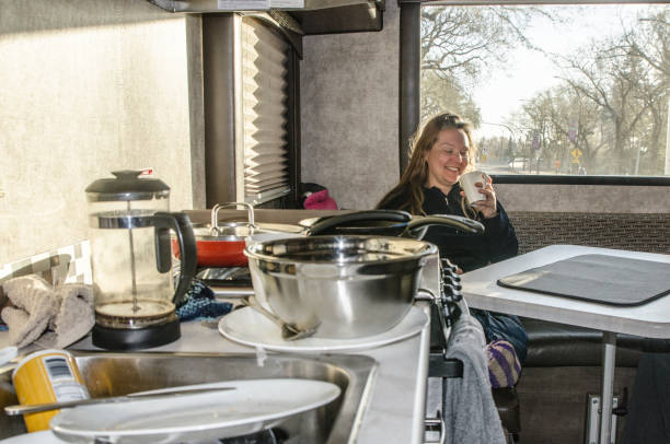 istock Woman drinking coffee in motor home 1321202340