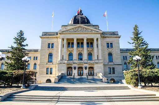 Facade of Saskatchewan Legislative Building during day of springtime