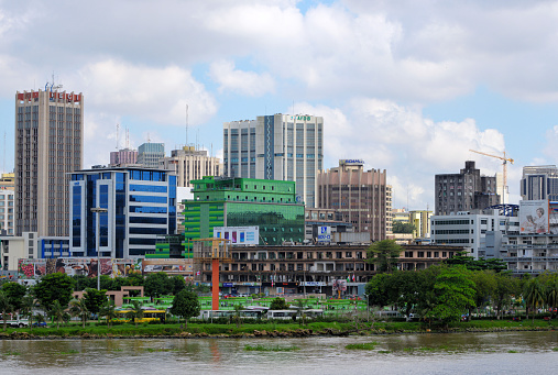 Abidjan, Ivory Coast / Côte d'Ivoire: cetral business district and waterfront - EECI tower, Ecobank, Postel 2000 tower, CAISTAB building, African Development Bank, Sidam, BCEAO...
