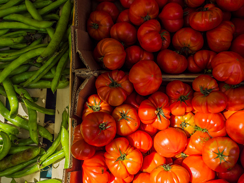 close up on colorful tomato in market
