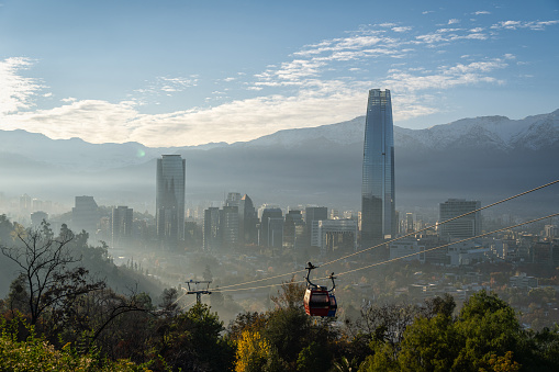 View of Santiago de Chile and the snowy Andes on an autumn dawn from San Cristobal Hill