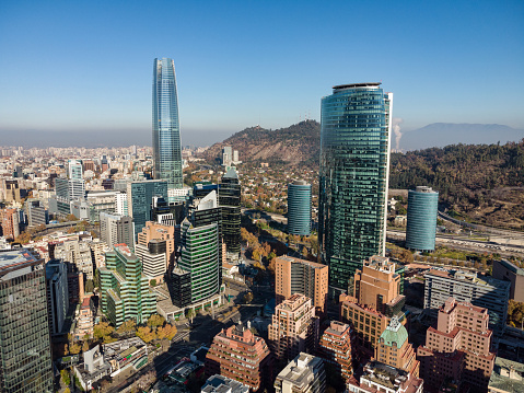 Aerial view of Santiago de Chile financial district on an autumn morning in Las Condes and Providencia communes, Santiago de Chile