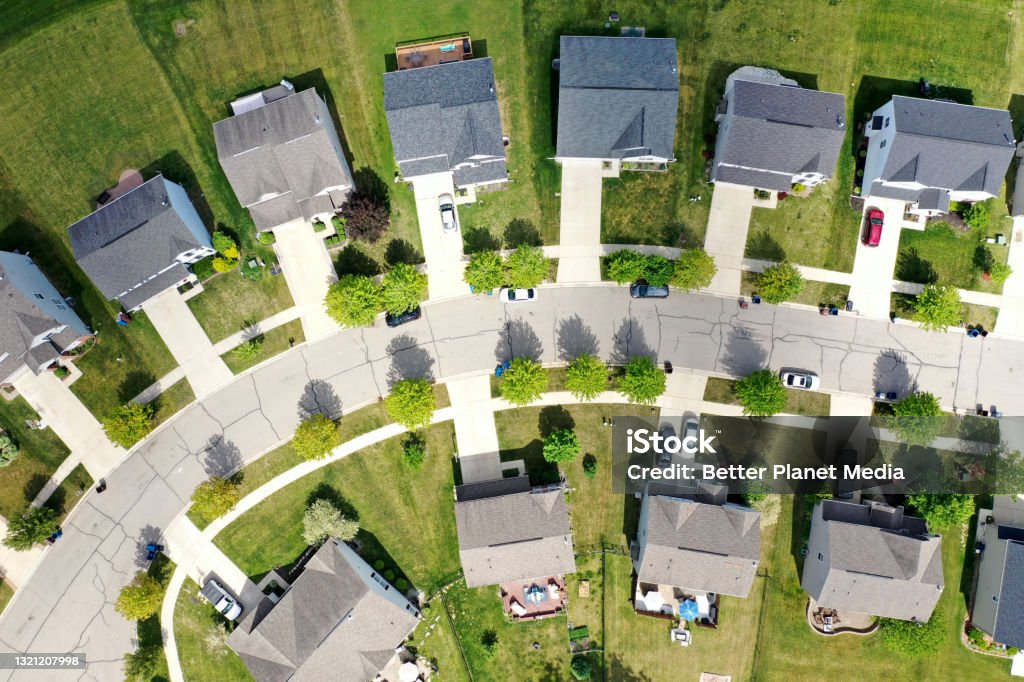 Subdivision Houses in a Neighborhood Aerial View Aerial view of a subdivision and houses in a neighborhood. Cul-de-sac Stock Photo