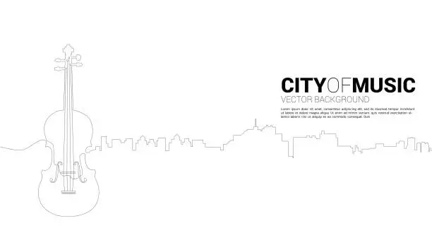 Vector illustration of Vector silhouette of violin with city from one line.