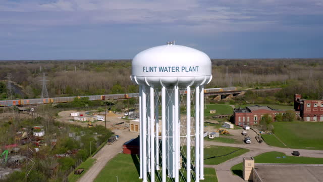 Aerial view of water tower in Flint, Michigan